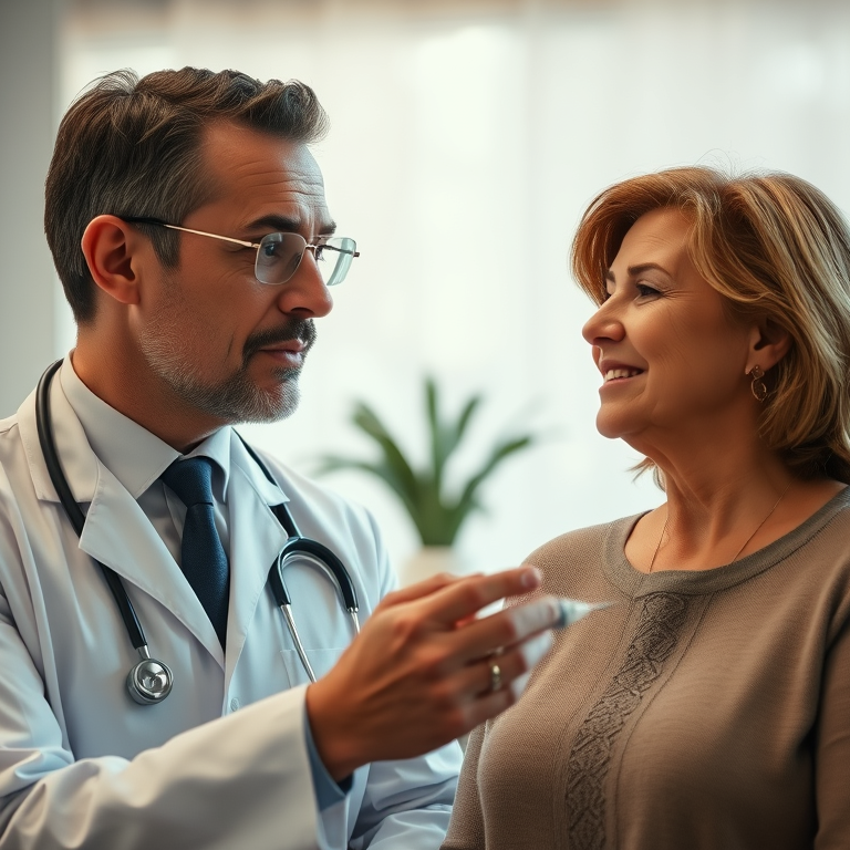 male-doctor-explains-weight-loss-injection-to-middle-aged-female